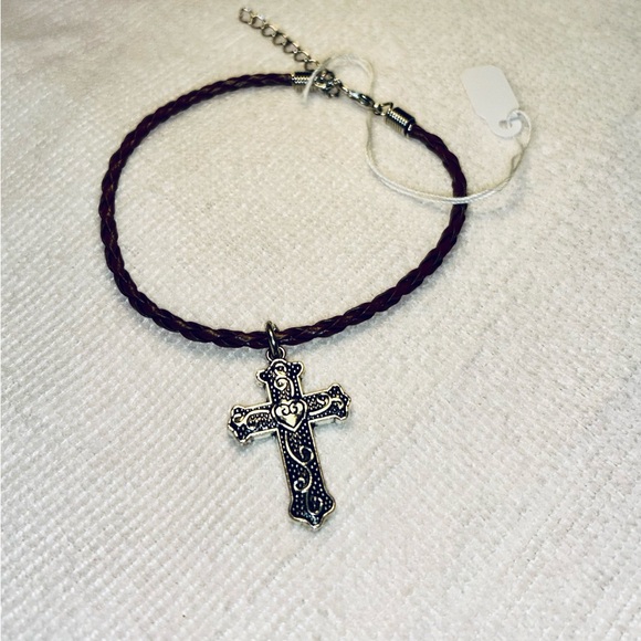 Jewelry - Elegant (FREE Earrings) Genuine Leather Braided Bracelet Intricate Cross Charm
